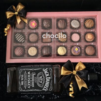 Corporate gift hamper with bottle of Jack Daniel's Old No. 7 Tennessee Whiskey, Chocilo Melbourne handmade artisan chocolates, and matte black magnetic keepsake presentation box