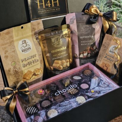 Corporate Sweet Tooth luxury gift hamper with Chocilo Melbourne artisan chocolates, Nutworks macadamia rocky road, salted caramel chocolate macadamias, Kelly's candy peanut brittle and caramel fudge in matte black magnetic box