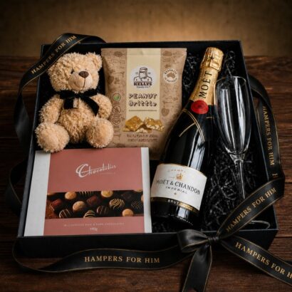 Grad Spoils Luxury Graduation Hamper with Moët Champagne, crystal flute, Chocolatier chocolates, and keepsake bear