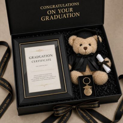 Graduation gift hamper featuring certificate photo frame, graduation cap and gown teddy bear with diploma, and engraved You Did It keyring