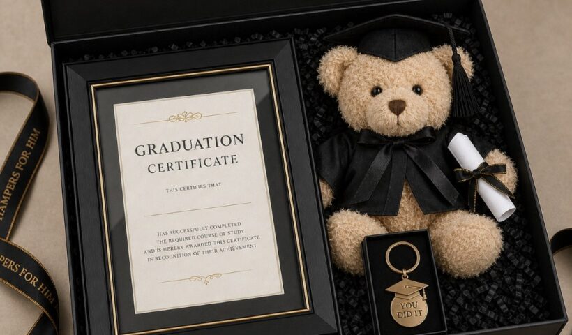 Graduation gift hamper featuring certificate photo frame, graduation cap and gown teddy bear with diploma, and engraved You Did It keyring