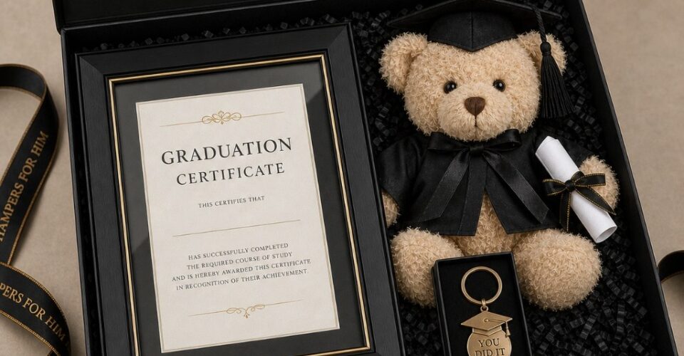 Graduation gift hamper featuring certificate photo frame, graduation cap and gown teddy bear with diploma, and engraved You Did It keyring