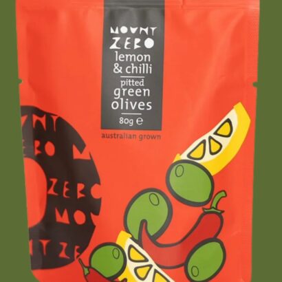 Mount Zero Lemon and Chilli pitted green olives 80g pouch Australian grown gourmet snack