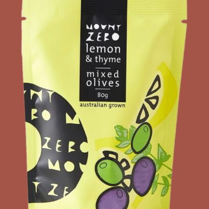 Mount Zero Lemon and Thyme mixed olives 80g yellow pouch Australian grown naturally cured gourmet olives