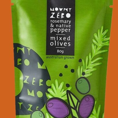 Mount Zero Rosemary and Native Pepper mixed olives 80g green pouch Australian grown gourmet snack