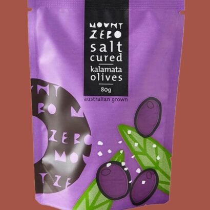 Mount Zero Salt Cured Kalamata Olives 80g purple pouch Australian grown naturally cured gourmet olives