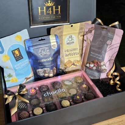 Sweet tooth gift hamper featuring Chocilo Melbourne handmade truffles, Byron Bay White Choc Macadamia cookies, Nutworks Lamington Macadamias, Nutworks Macadamia Rocky Road, and Kellys Peanut Brittle